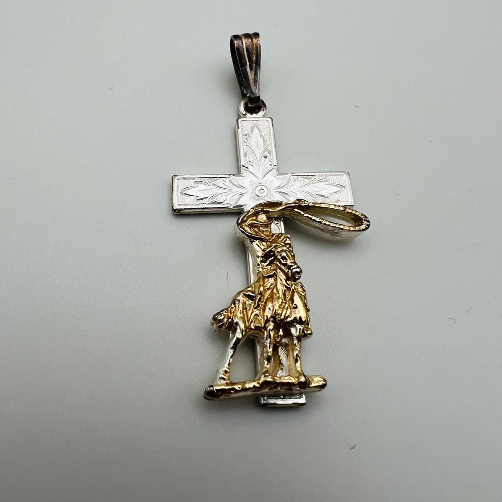 Silver Gold Tone Cross Pendant Western Religious Cowboy Roping Charm Faith